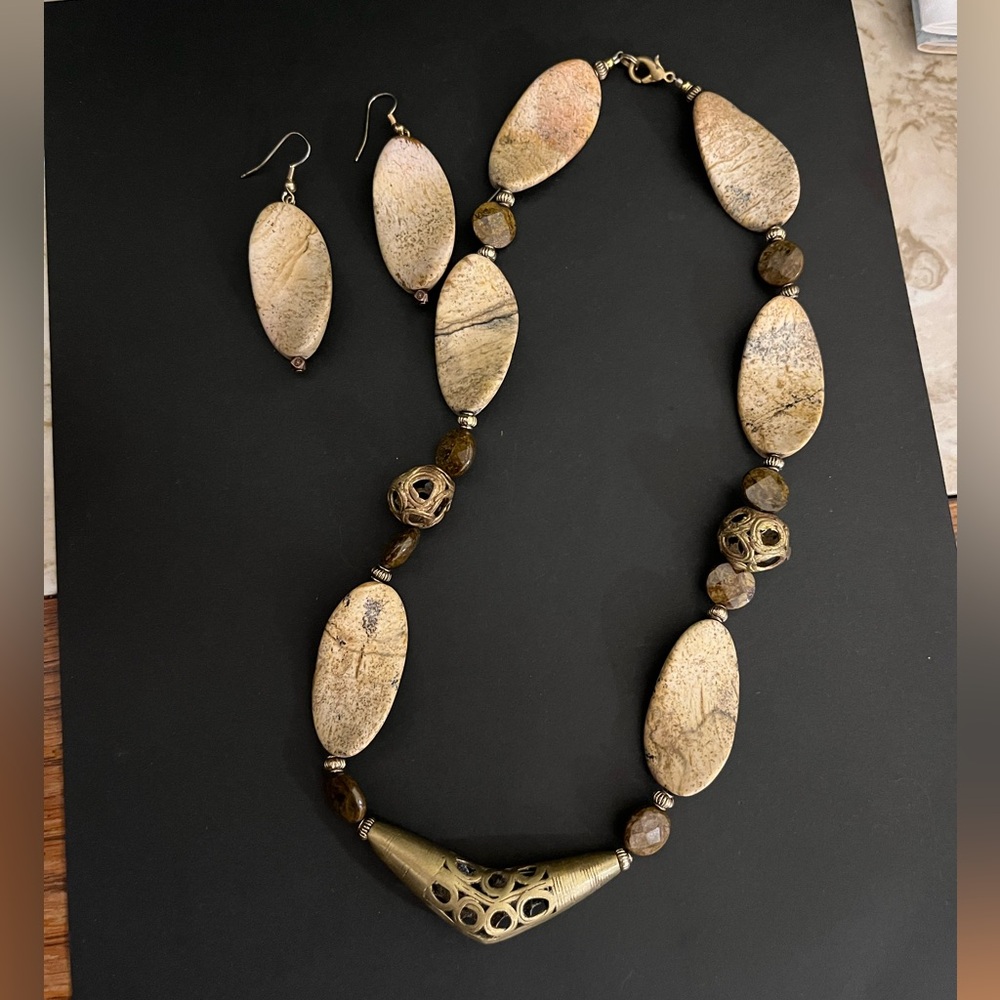 Stone and Brass Necklace and Earring Set
